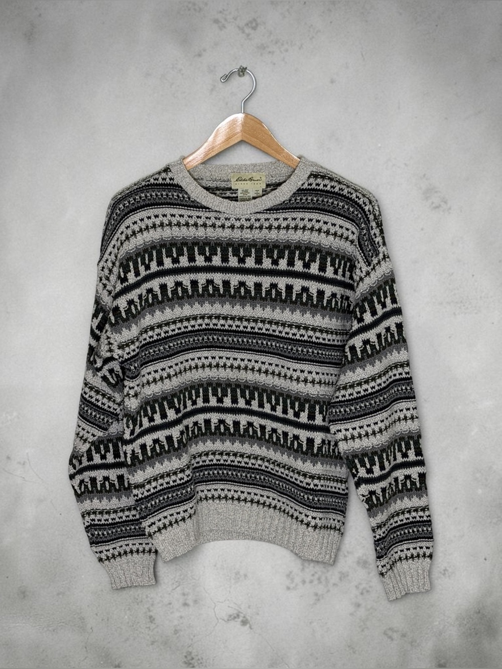 Vintage Eddie Bauer Sweater Mens M Made USA 100% Cotton Geometric 90s Crewneck